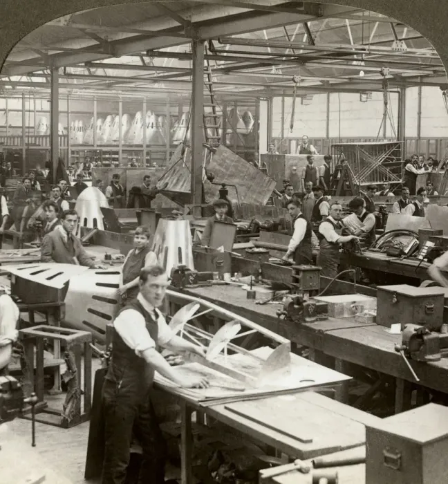 Framed Print : Sheet metal workers at a aeroplane factory, World War I, 1914-1918. Artist: Realistic Travels Publishers Framed Print : Sheet metal workers at a aeroplane factory, World War I, 1914-1918. Artist: Realistic Travels Publishers