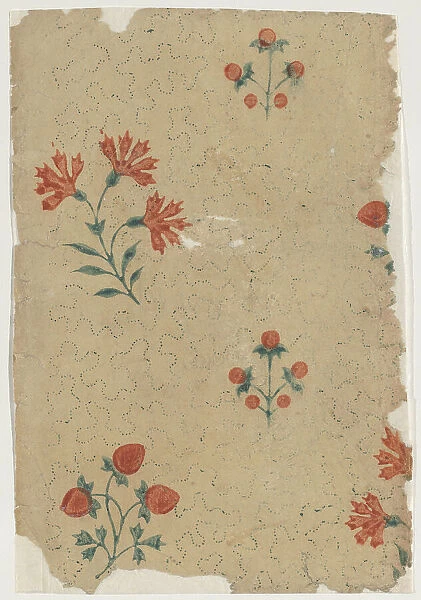 Sheet with overall dot pattern with bouquets, 19th century. Creator: Anon