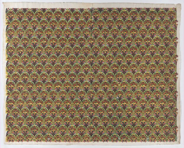 Framed Print : Sheet with overall fan design in yellow, green, and red, late 18th-m... late 18th-mid-19th century. Creator: Anon Framed Print : Sheet with overall fan design in yellow, green, and red, late 18th-m... late 18th-mid-19th century. Creator: Anon
