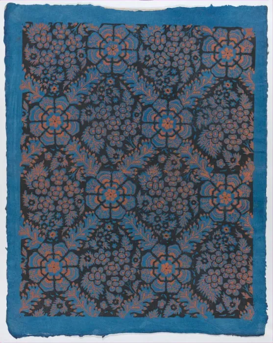 Framed Print : Sheet with overall floral pattern on blue background, late 18th-mid-... late 18th-mid-19th century. Creator: Anon Framed Print : Sheet with overall floral pattern on blue background, late 18th-mid-... late 18th-mid-19th century. Creator: Anon