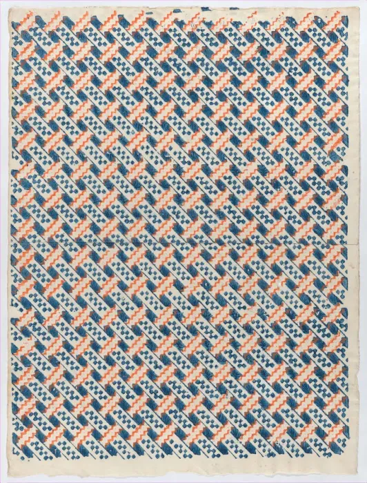 Framed Print : Sheet with overall orange and blue geometric pattern, late 18th-mid-... late 18th-mid-19th century. Creator: Anon Framed Print : Sheet with overall orange and blue geometric pattern, late 18th-mid-... late 18th-mid-19th century. Creator: Anon