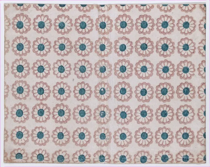 Framed Print : Sheet with overall pattern of pink flowers with blue centers, 19th century. Creator: Anon Framed Print : Sheet with overall pattern of pink flowers with blue centers, 19th century. Creator: Anon