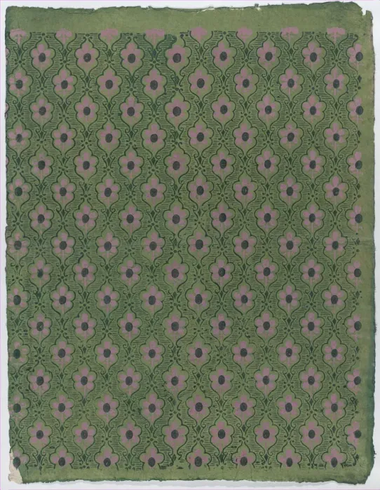 Framed Print : Sheet with overall pink floral pattern on green background, late 18t... late 18th-mid-19th century. Creator: Anon Framed Print : Sheet with overall pink floral pattern on green background, late 18t... late 18th-mid-19th century. Creator: Anon