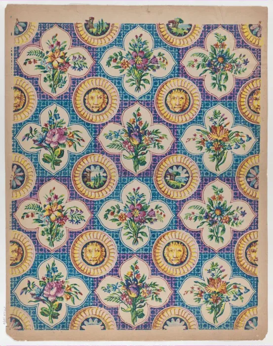 Framed Print : Sheet with pattern of bouquets and lion heads, late 18th-mid-19th ce... late 18th-mid-19th century. Creator: Anon Framed Print : Sheet with pattern of bouquets and lion heads, late 18th-mid-19th ce... late 18th-mid-19th century. Creator: Anon