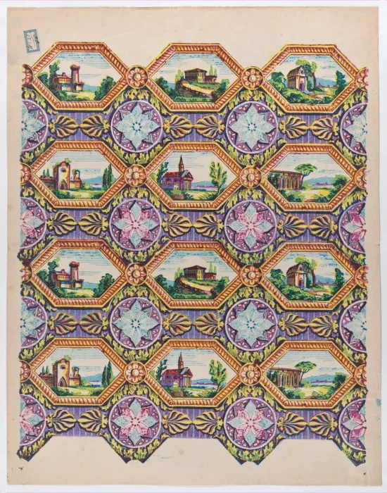 Framed Print : Sheet with pattern of brightly colored landscapes in hexagonal frame... late 18th-mid-19th century. Creator: Anon Framed Print : Sheet with pattern of brightly colored landscapes in hexagonal frame... late 18th-mid-19th century. Creator: Anon