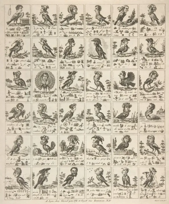 Framed Print : Sheet of Rebuses with Birds with Human Heads, ca. 1834. ca. 1834. Creator: Anon Framed Print : Sheet of Rebuses with Birds with Human Heads, ca. 1834. ca. 1834. Creator: Anon