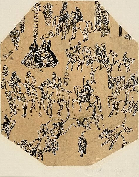 Sheet of Sketches: Hounds, Riders, Ladies. Architectural Elements, Insects, n. d