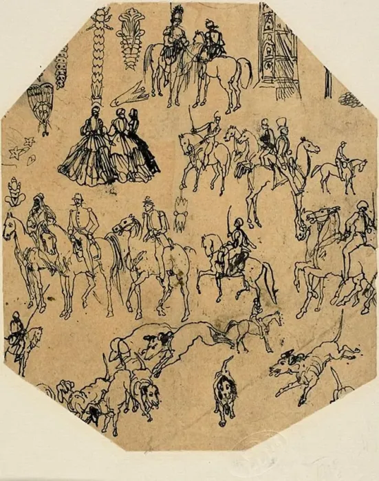 Framed Print : Sheet of Sketches: Hounds, Riders, Ladies. Architectural Elements, Insects, n. d Framed Print : Sheet of Sketches: Hounds, Riders, Ladies. Architectural Elements, Insects, n. d