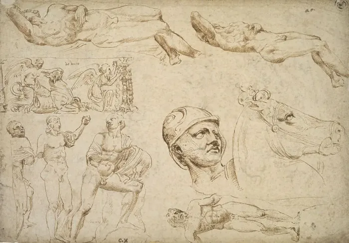 Framed Print : A sheet of studies after the Antique, 1532-1535. Creator: Maerten van Heemskerck Framed Print : A sheet of studies after the Antique, 1532-1535. Creator: Maerten van Heemskerck