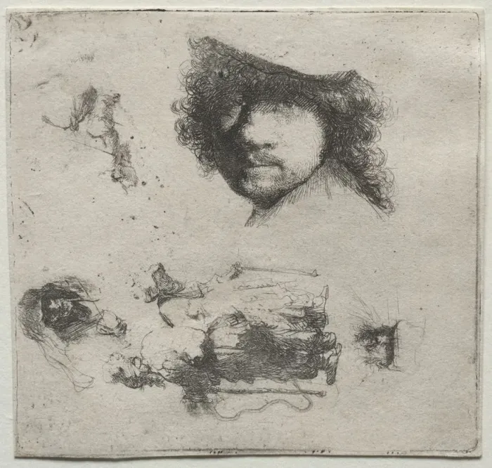 Framed Print : Sheet of Studies: Self-Portrait, a Beggar Couple, etc. c. 1632. Creator: Rembrandt van Rijn Framed Print : Sheet of Studies: Self-Portrait, a Beggar Couple, etc. c. 1632. Creator: Rembrandt van Rijn