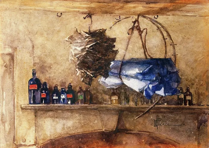 Framed Print : A shelf of bottles containing medicinal chemicals... 1910-1950. Creator: Lucy Elizabeth Pierce Framed Print : A shelf of bottles containing medicinal chemicals... 1910-1950. Creator: Lucy Elizabeth Pierce