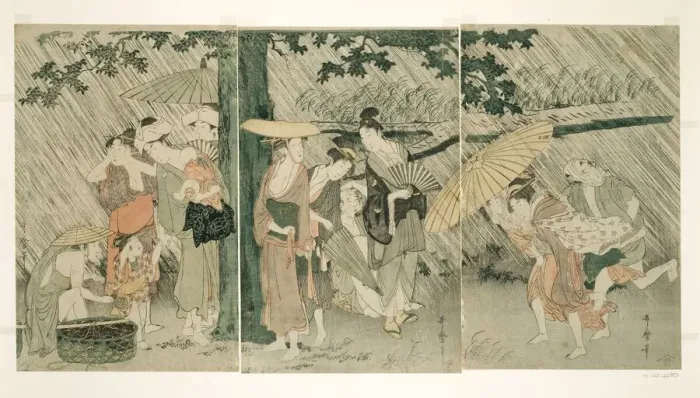 Framed Print : Sheltering from a Sudden Shower, Japan, c. 1799 / 1800. Creator: Kitagawa Utamaro Framed Print : Sheltering from a Sudden Shower, Japan, c. 1799 / 1800. Creator: Kitagawa Utamaro