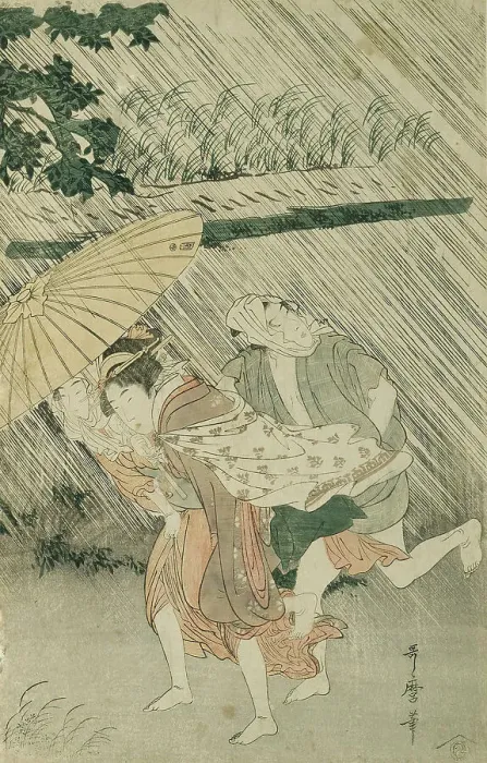 Framed Print : Sheltering from a Sudden Shower, Japan, c. 1799 / 1800. Creator: Kitagawa Utamaro Framed Print : Sheltering from a Sudden Shower, Japan, c. 1799 / 1800. Creator: Kitagawa Utamaro