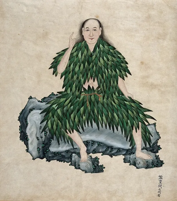 Framed Print : Shen Nung seated on a rock, wearing simple garments fashioned from leaves, 1800-1899. Creator: Unknown Framed Print : Shen Nung seated on a rock, wearing simple garments fashioned from leaves, 1800-1899. Creator: Unknown