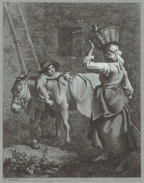 Framed Print : Shepherd Boy Speaking to a Farm Girl, 1764. Creator: Francesco Londonio Framed Print : Shepherd Boy Speaking to a Farm Girl, 1764. Creator: Francesco Londonio