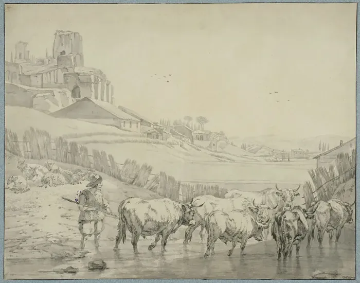 Framed Print : Shepherd with cattle on a river bank. Creator: Unknown Framed Print : Shepherd with cattle on a river bank. Creator: Unknown