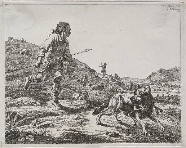 Shepherd Chasing a Wolf, 1803. Creator: Adam von Bartsch (Austrian, 1757-1821)