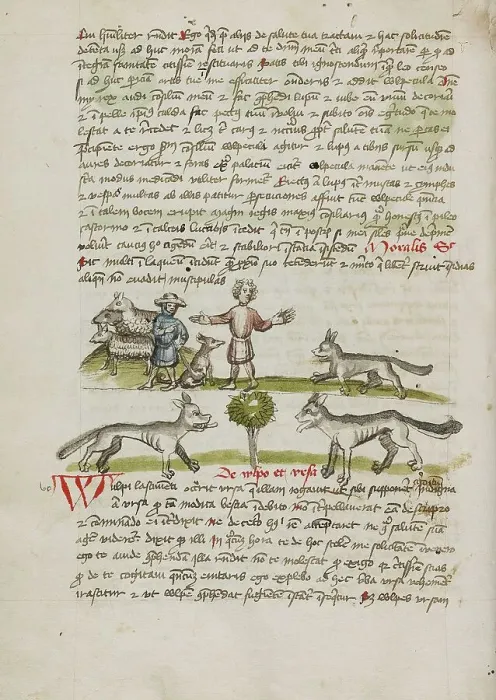 Framed Print : A Shepherd with his Dog and Flock: A Man Chasing Away a Wolf; Fables, third quarter of 15th century. Creator: Unknown Framed Print : A Shepherd with his Dog and Flock: A Man Chasing Away a Wolf; Fables, third quarter of 15th century. Creator: Unknown