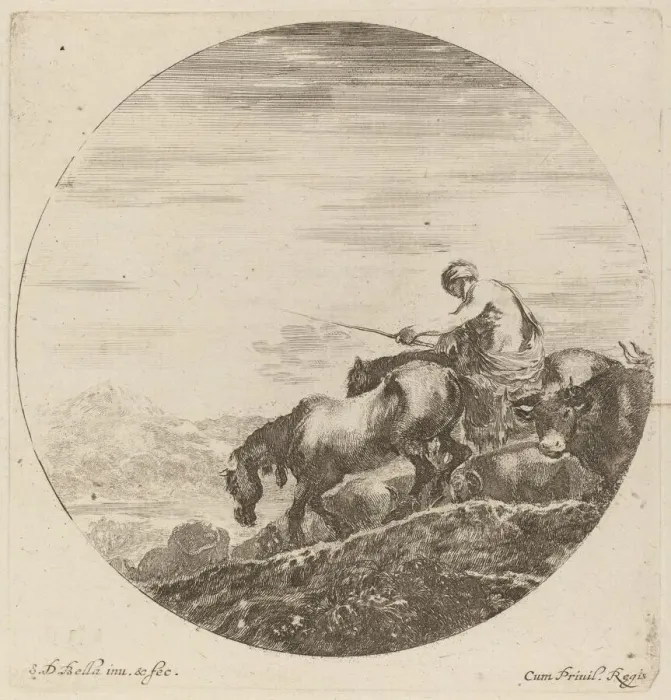 Framed Print : Shepherd on a Horse Driving a Herd of Various Animals. Creator: Stefano della Bella Framed Print : Shepherd on a Horse Driving a Herd of Various Animals. Creator: Stefano della Bella