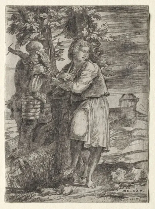 Framed Print : Shepherd and Old Warrior, 1517. Creator: Domenico Campagnola (Italian, 1500-1564) Framed Print : Shepherd and Old Warrior, 1517. Creator: Domenico Campagnola (Italian, 1500-1564)