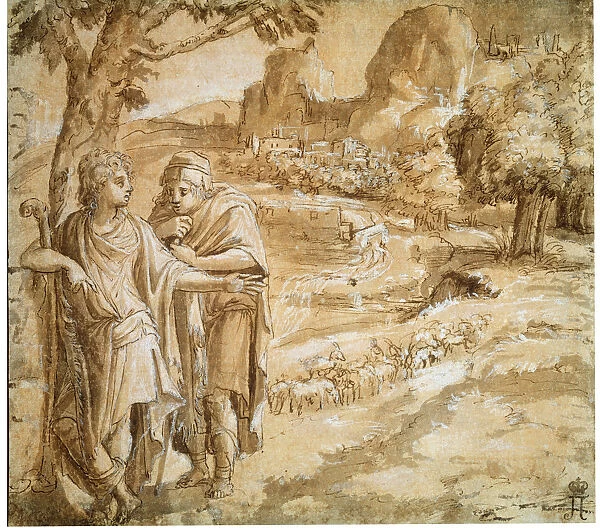 Shepherd and Piligrim in a Landscape, c1550. Artist: Pirro Ligorio