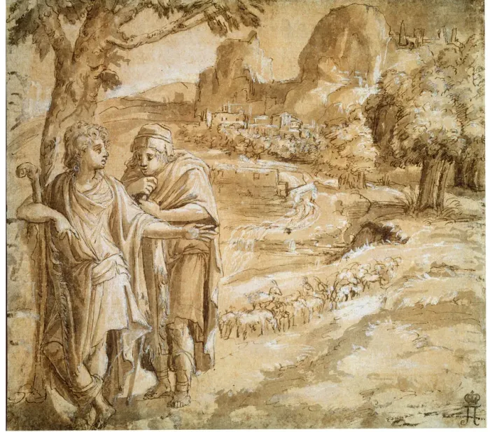 Framed Print : Shepherd and Piligrim in a Landscape, c1550. Artist: Pirro Ligorio