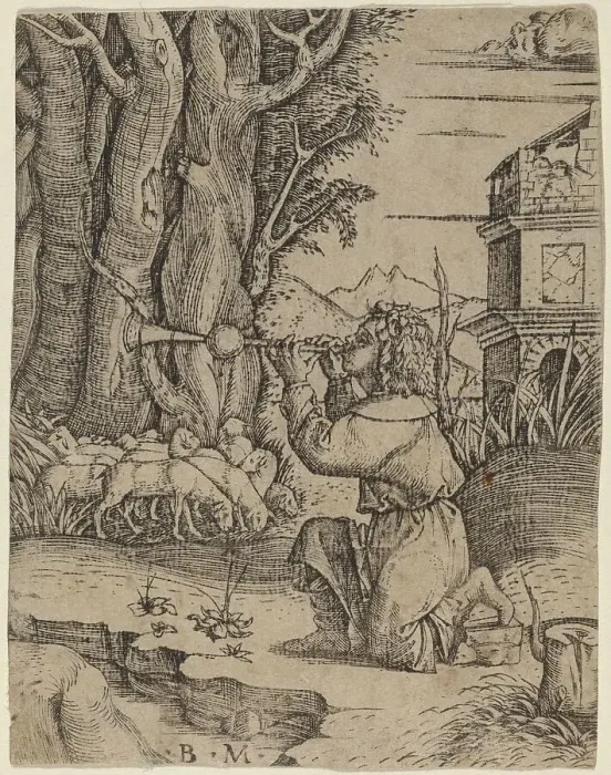 Framed Print : Shepherd with a Platerspiel, c. 1500 / 1515. Creator: Benedetto Montagna Framed Print : Shepherd with a Platerspiel, c. 1500 / 1515. Creator: Benedetto Montagna