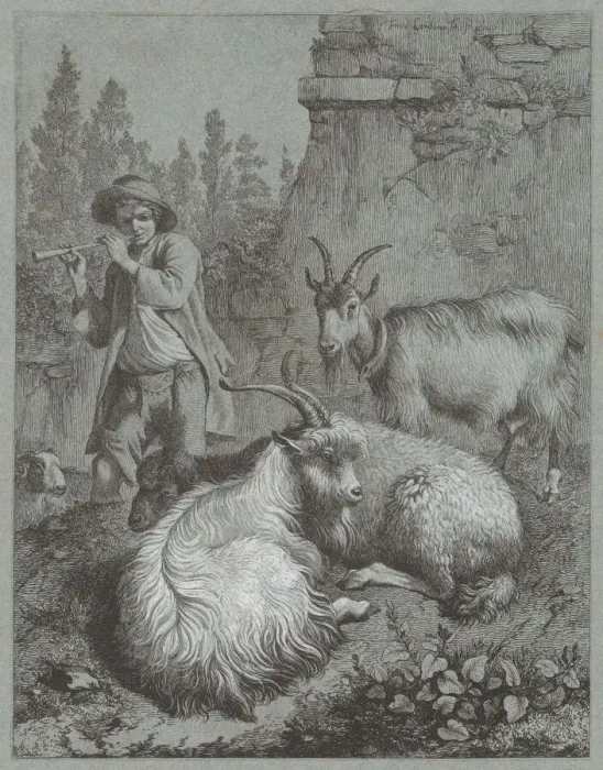 Framed Print : Shepherd Playing a Flute with Goats, 1764. Creator: Francesco Londonio Framed Print : Shepherd Playing a Flute with Goats, 1764. Creator: Francesco Londonio