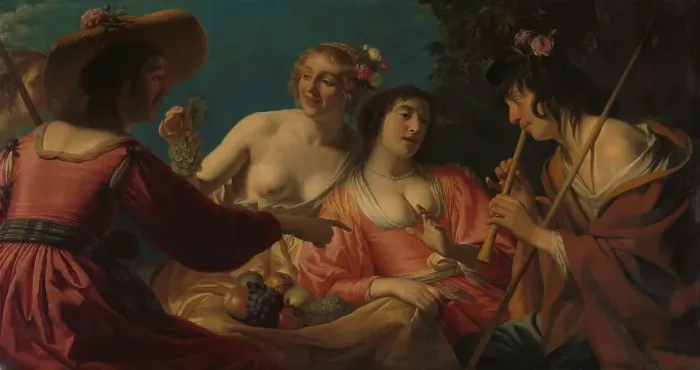 Framed Print : Shepherd Playing the Flute, and Four Shepherdesses, 1632. Creator: Gerrit van Honthorst Framed Print : Shepherd Playing the Flute, and Four Shepherdesses, 1632. Creator: Gerrit van Honthorst