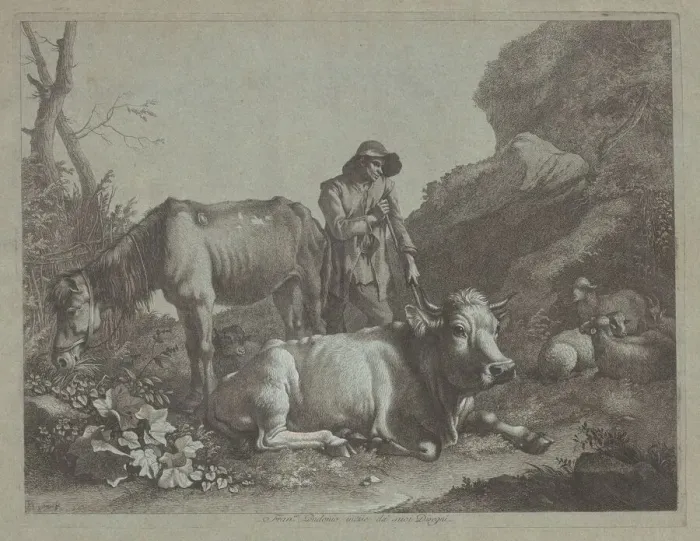 Framed Print : Shepherd Resting on a Walking Stick with an Old Horse and a Reclining Bull, after 1767 Framed Print : Shepherd Resting on a Walking Stick with an Old Horse and a Reclining Bull, after 1767