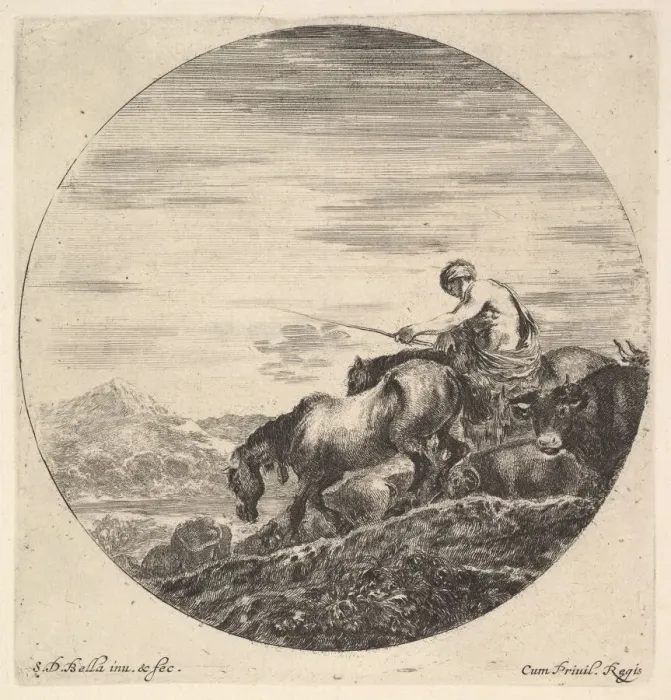 Framed Print : A shepherd at right, facing left, driving a group of animals downhill, a round comp Framed Print : A shepherd at right, facing left, driving a group of animals downhill, a round comp
