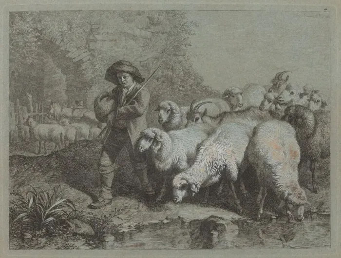 Framed Print : Shepherd with a Sack Driving a Flock, 1763. Creator: Francesco Londonio Framed Print : Shepherd with a Sack Driving a Flock, 1763. Creator: Francesco Londonio