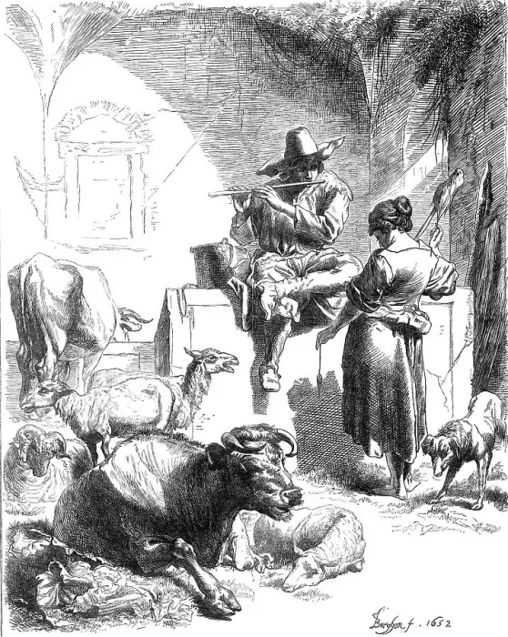 Framed Print : Shepherd Seated at a Fountain, facsimile of an etching by Berghem, 1870. Creator: Unknown