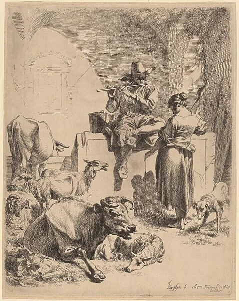 The Shepherd Seated on a Fountain and the Spinner, 1652. Creator: Nicolaes Berchem