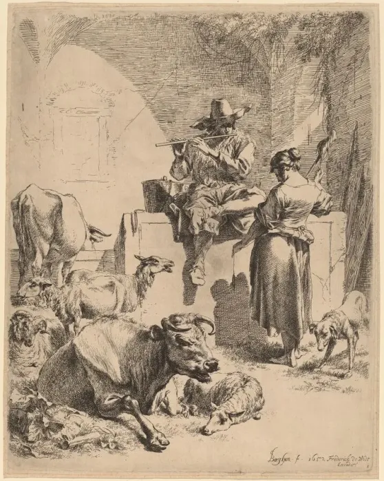 Framed Print : The Shepherd Seated on a Fountain and the Spinner, 1652. Creator: Nicolaes Berchem Framed Print : The Shepherd Seated on a Fountain and the Spinner, 1652. Creator: Nicolaes Berchem