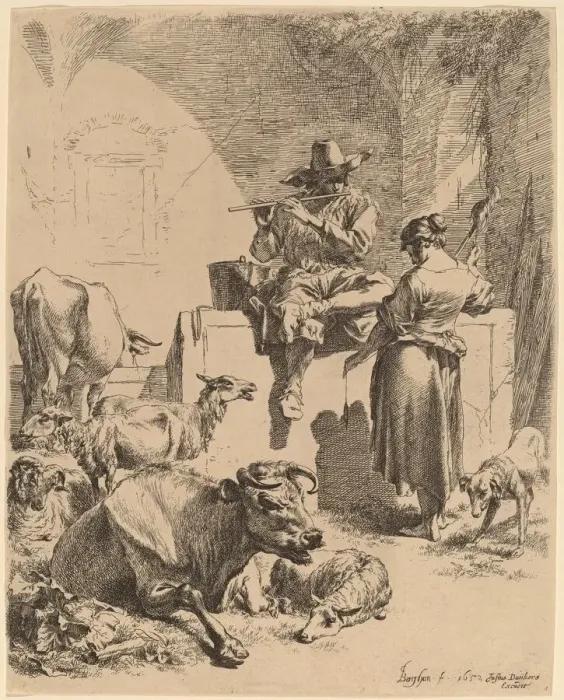 Framed Print : The Shepherd Seated on a Fountain and the Spinner, 1652. Creator: Nicolaes Berchem Framed Print : The Shepherd Seated on a Fountain and the Spinner, 1652. Creator: Nicolaes Berchem