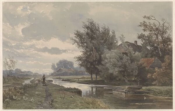 Shepherd with sheep at a farm by the water, 1835-1892. Creator: Jan Willem van Borselen