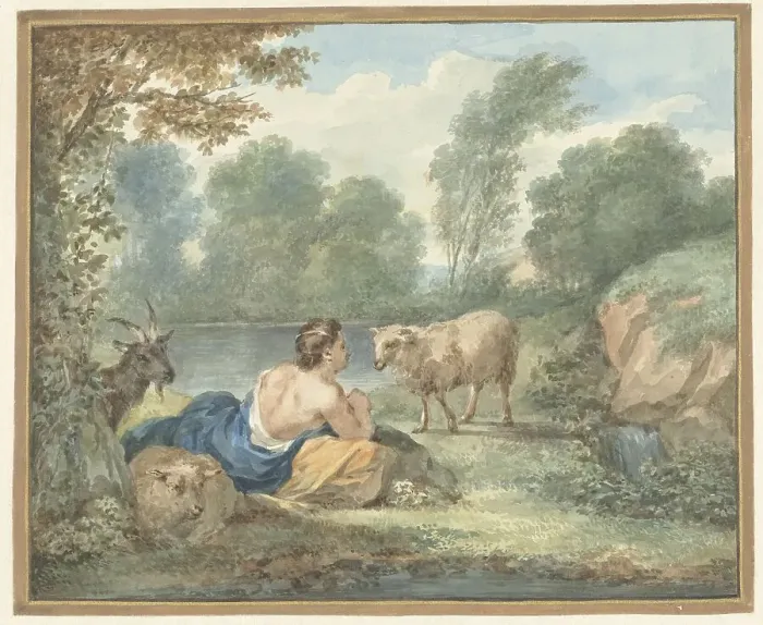 Framed Print : Shepherd with sheep in a landscape with a lake, 1781. Creator: Aert Schouman Framed Print : Shepherd with sheep in a landscape with a lake, 1781. Creator: Aert Schouman