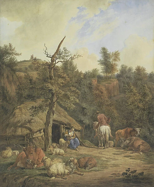 Shepherd, shepherdess and cattle resting in front of a dilapidated stable, 1820-1872. Creator: Hendrik Abraham Klinkhamer