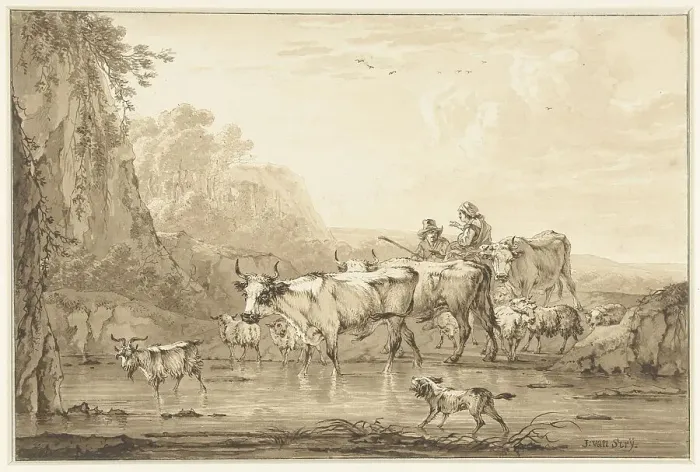 Framed Print : Shepherd and Shepherdess with cattle and sheep at a pool, 1766-1815. Creator: Jacob van Strij Framed Print : Shepherd and Shepherdess with cattle and sheep at a pool, 1766-1815. Creator: Jacob van Strij