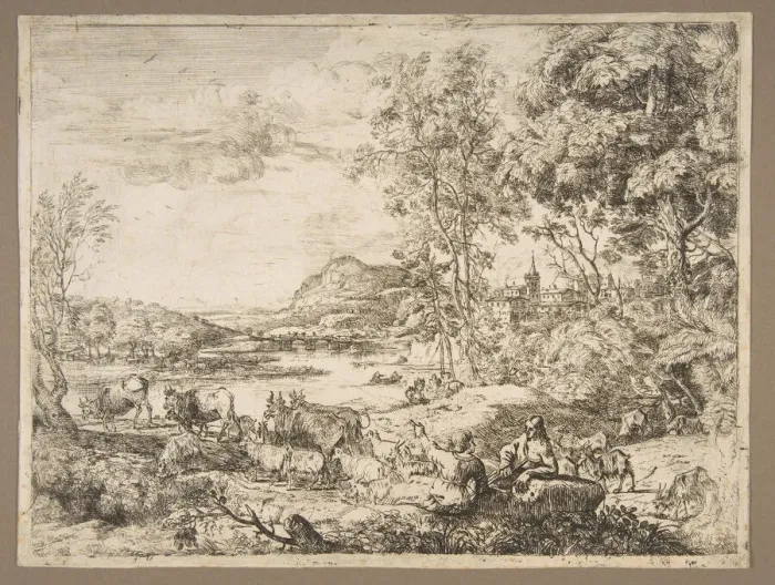 Framed Print : Shepherd and Shepherdess Conversing in a Landscape, ca. 1651. Creator: Claude Lorrain Framed Print : Shepherd and Shepherdess Conversing in a Landscape, ca. 1651. Creator: Claude Lorrain
