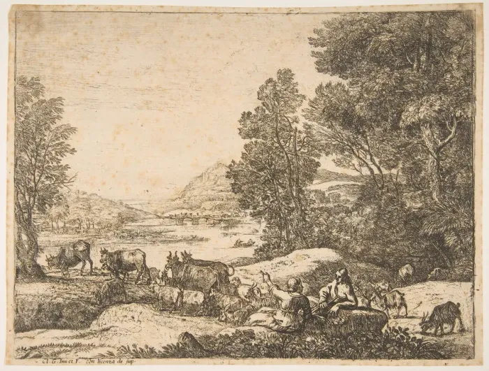 Framed Print : Shepherd and Shepherdess Conversing in a Landscape, ca. 1651. Creator: Claude Lorrain Framed Print : Shepherd and Shepherdess Conversing in a Landscape, ca. 1651. Creator: Claude Lorrain