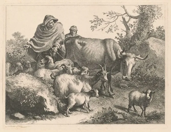 Framed Print : Shepherd Wearing a Cape Driving a Flock, after 1776. Creator: Francesco Londonio Framed Print : Shepherd Wearing a Cape Driving a Flock, after 1776. Creator: Francesco Londonio