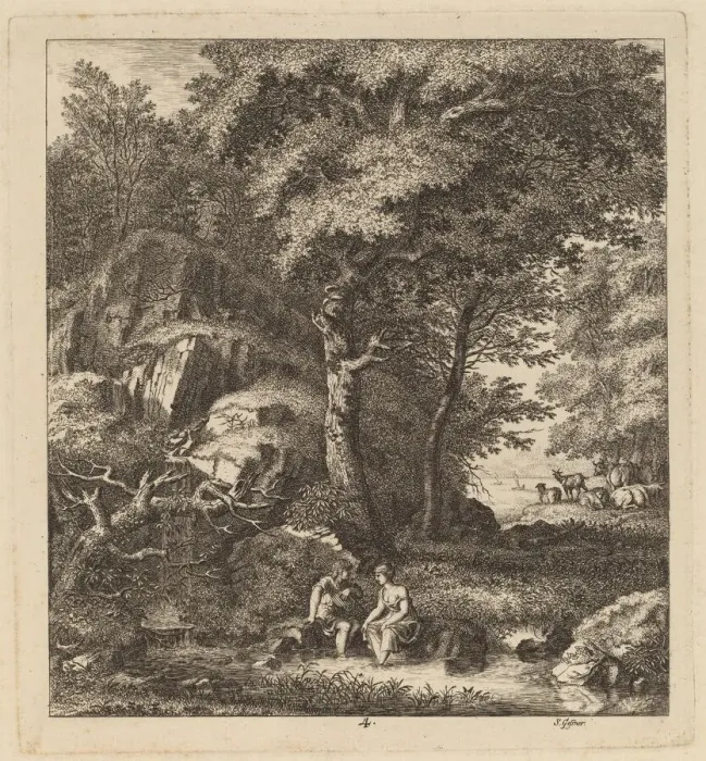 Framed Print : A Shepherd and a Young Woman With Their Feet in a Brook, 1764. Creator: Salomon Gessner Framed Print : A Shepherd and a Young Woman With Their Feet in a Brook, 1764. Creator: Salomon Gessner