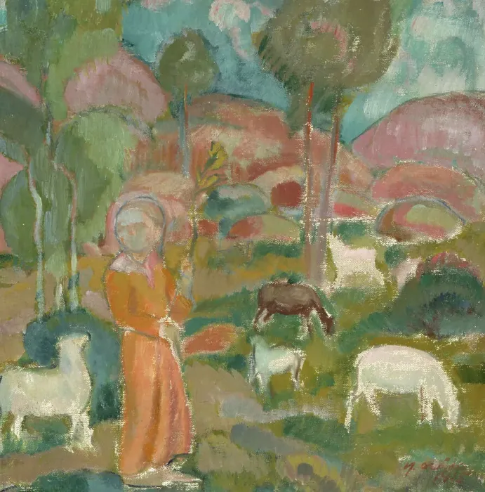 Framed Print : Shepherdess, 1915. Creator: Yrjö Aleksander Ollila