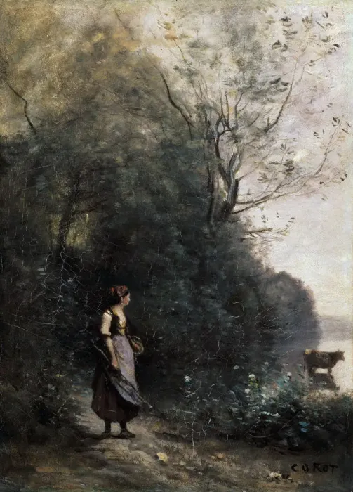 Framed Print : Shepherdess with a cow at the Edge of the Forest, 1865-1870. Artist: Jean-Baptiste-Camille Corot