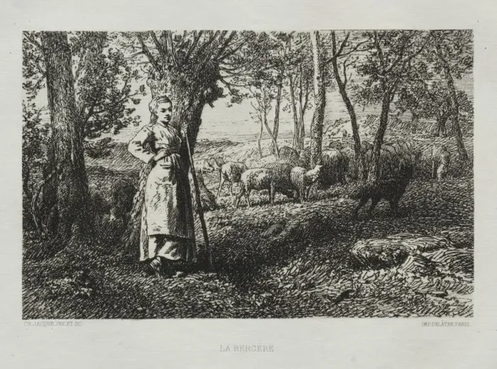 Framed Print : The Shepherdess. Creator: Charles-Emile Jacque (French, 1813-1894) Framed Print : The Shepherdess. Creator: Charles-Emile Jacque (French, 1813-1894)