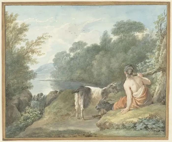 Framed Print : Shepherdess with goats in a landscape with a lake, 1781. Creator: Aert Schouman Framed Print : Shepherdess with goats in a landscape with a lake, 1781. Creator: Aert Schouman