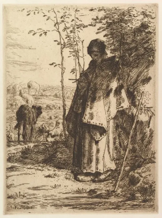 Framed Print : Shepherdess Knitting, 1862. Creator: Jean Francois Millet