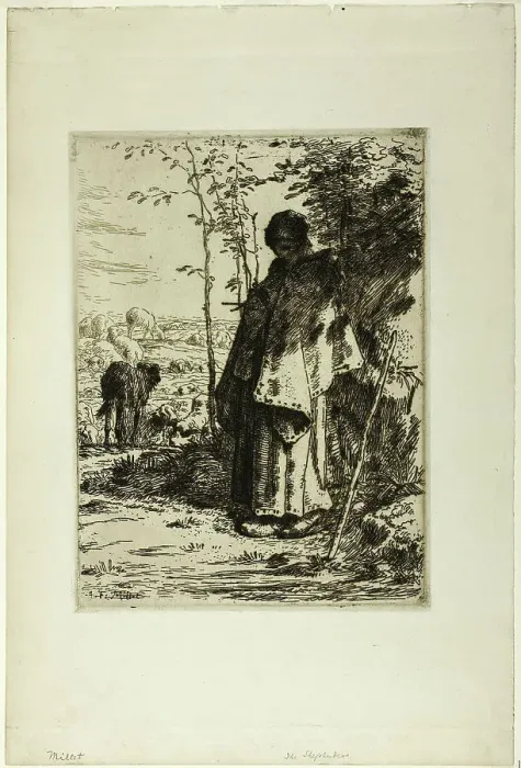 Framed Print : The Shepherdess Knitting, 1862. Creator: Jean Francois Millet Framed Print : The Shepherdess Knitting, 1862. Creator: Jean Francois Millet